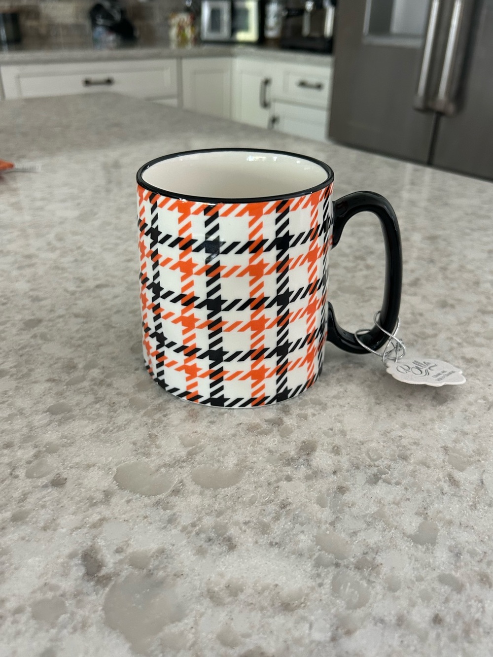 “New” Bella Plaid Ceramic Mug in Orange & Black pattern